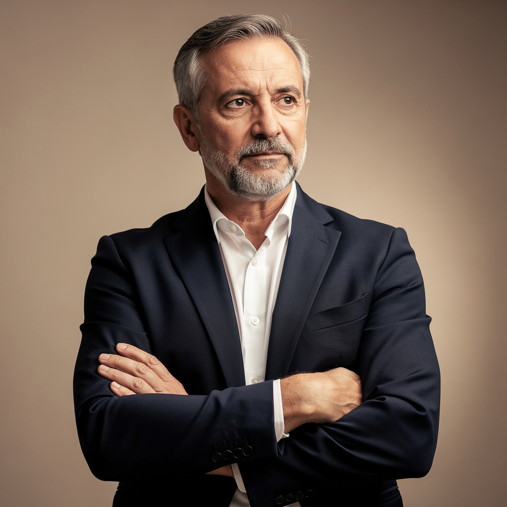 Portrait of a Croatian male mystery novelist in his fifties wearing a dark blazer